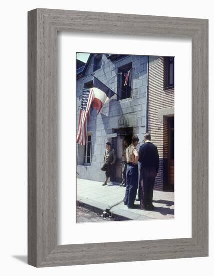 Civil Affairs Building in La Haye Du Puit Decorated with American and French Flags, France, 1944-Frank Scherschel-Framed Photographic Print