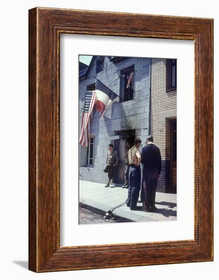 Civil Affairs Building in La Haye Du Puit Decorated with American and French Flags, France, 1944-Frank Scherschel-Framed Photographic Print