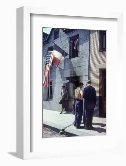 Civil Affairs Building in La Haye Du Puit Decorated with American and French Flags, France, 1944-Frank Scherschel-Framed Photographic Print