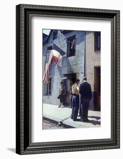 Civil Affairs Building in La Haye Du Puit Decorated with American and French Flags, France, 1944-Frank Scherschel-Framed Photographic Print