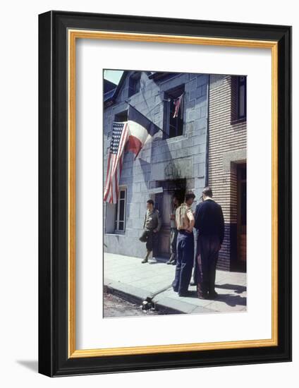 Civil Affairs Building in La Haye Du Puit Decorated with American and French Flags, France, 1944-Frank Scherschel-Framed Photographic Print