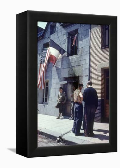 Civil Affairs Building in La Haye Du Puit Decorated with American and French Flags, France, 1944-Frank Scherschel-Framed Premier Image Canvas