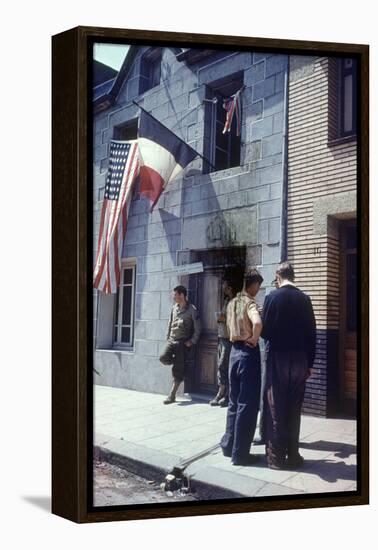 Civil Affairs Building in La Haye Du Puit Decorated with American and French Flags, France, 1944-Frank Scherschel-Framed Premier Image Canvas