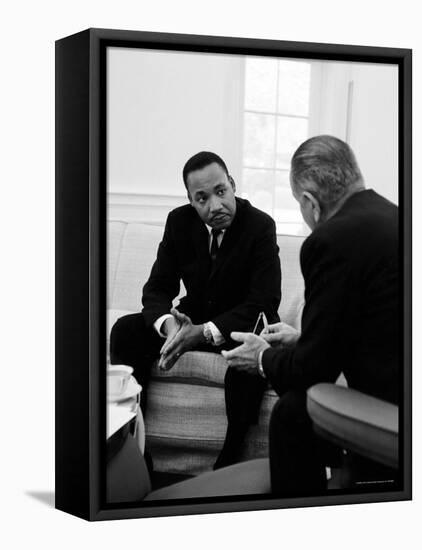 Civil Right Leader Dr. Martin Luther King Speaking with President Lyndon Johnson-Stan Wayman-Framed Premier Image Canvas