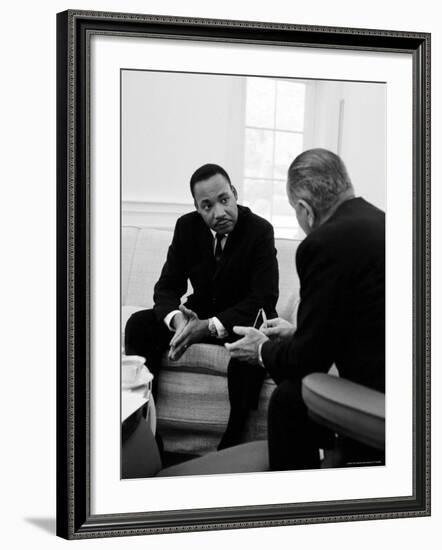 Civil Right Leader Dr. Martin Luther King Speaking with President Lyndon Johnson-Stan Wayman-Framed Premium Photographic Print