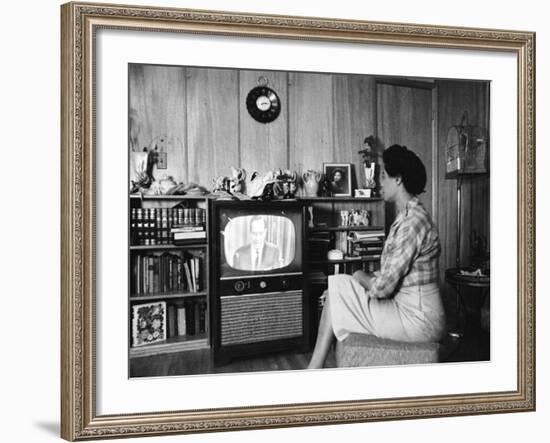 Civil Rights Leader Daisy Bates Watching Televised Desegregation Speech by Governor Faubaus-Thomas D^ Mcavoy-Framed Premium Photographic Print