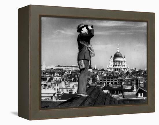 Civilian Aircraft Spotter Using Binoculars to Patrol Skies from Rooftop During the Days of Blitz-null-Framed Premier Image Canvas