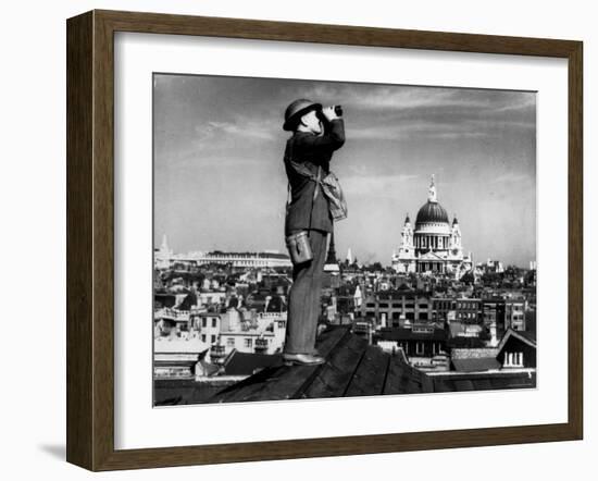 Civilian Aircraft Spotter Using Binoculars to Patrol Skies from Rooftop During the Days of Blitz-null-Framed Photographic Print