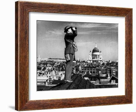 Civilian Aircraft Spotter Using Binoculars to Patrol Skies from Rooftop During the Days of Blitz-null-Framed Photographic Print