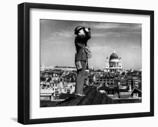 Civilian Aircraft Spotter Using Binoculars to Patrol Skies from Rooftop During the Days of Blitz-null-Framed Photographic Print