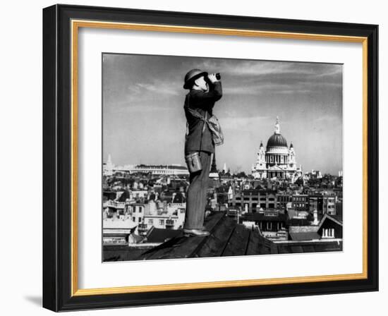 Civilian Aircraft Spotter Using Binoculars to Patrol Skies from Rooftop During the Days of Blitz-null-Framed Photographic Print