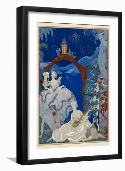 Claire de Lune, A beautiful woman plaing a mandolin with Faun and a harlequin-Georges Barbier-Framed Giclee Print