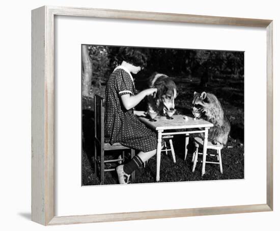 Claire Shorrock Giving Ice Cream Party with Pet Dog and Raccoon-null-Framed Photographic Print