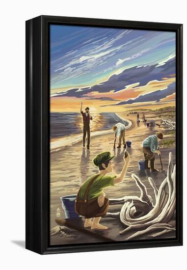 Clam Diggers - Driftwood-Lantern Press-Framed Stretched Canvas