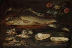 A Still Life with Carp in a Ceramic Colander, Oysters, Crayfish, Roach and a Cat on the Ledge…-Clara Peeters-Giclee Print