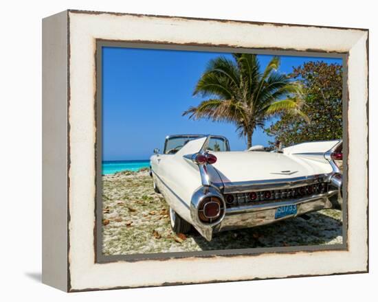 Classic 1959 White Cadillac Auto on Beautiful Beach of Veradara, Cuba-Bill Bachmann-Framed Premier Image Canvas