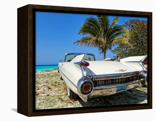 Classic 1959 White Cadillac Auto on Beautiful Beach of Veradara, Cuba-Bill Bachmann-Framed Premier Image Canvas