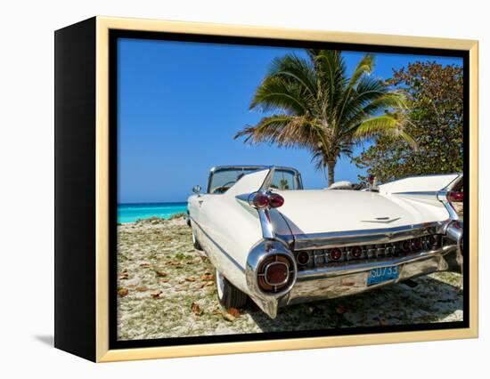 Classic 1959 White Cadillac Auto on Beautiful Beach of Veradara, Cuba-Bill Bachmann-Framed Premier Image Canvas