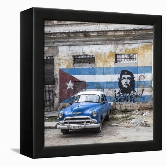 Classic American Car and Cuban Flag, Habana Vieja, Havana, Cuba-Jon Arnold-Framed Premier Image Canvas