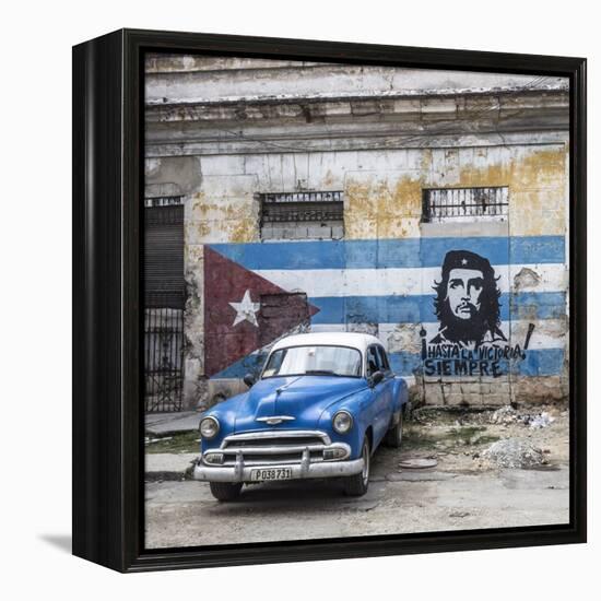 Classic American Car and Cuban Flag, Habana Vieja, Havana, Cuba-Jon Arnold-Framed Premier Image Canvas