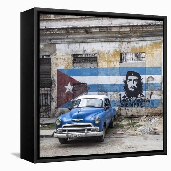 Classic American Car and Cuban Flag, Habana Vieja, Havana, Cuba-Jon Arnold-Framed Premier Image Canvas