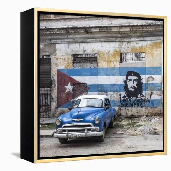 Classic American Car and Cuban Flag, Habana Vieja, Havana, Cuba-Jon Arnold-Framed Premier Image Canvas