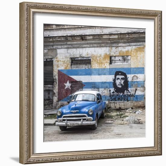 Classic American Car and Cuban Flag, Habana Vieja, Havana, Cuba-Jon Arnold-Framed Photographic Print