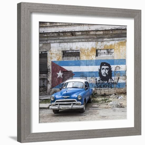 Classic American Car and Cuban Flag, Habana Vieja, Havana, Cuba-Jon Arnold-Framed Photographic Print