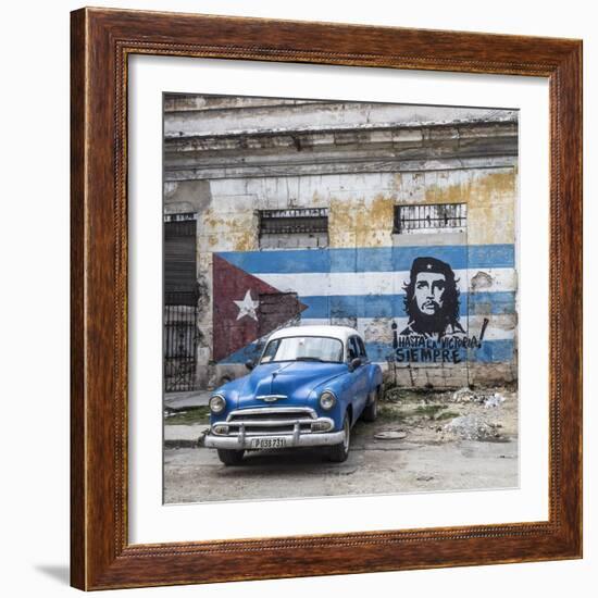 Classic American Car and Cuban Flag, Habana Vieja, Havana, Cuba-Jon Arnold-Framed Photographic Print