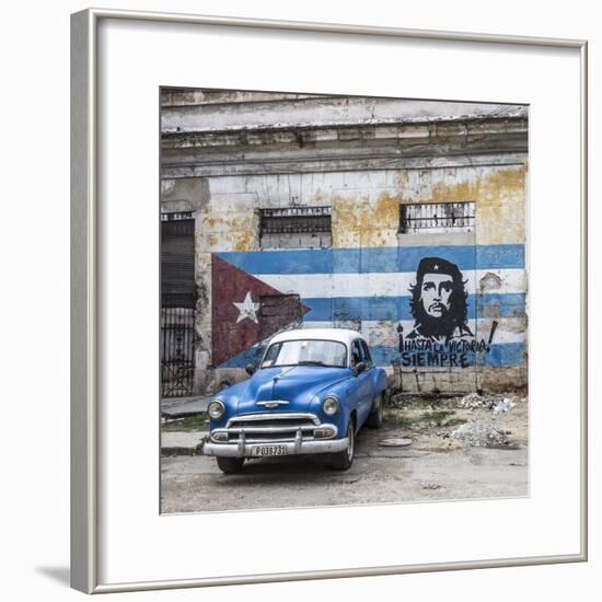 Classic American Car and Cuban Flag, Habana Vieja, Havana, Cuba-Jon Arnold-Framed Photographic Print