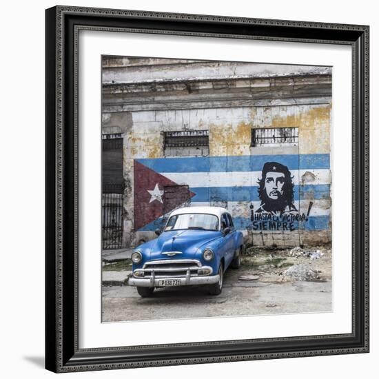 Classic American Car and Cuban Flag, Habana Vieja, Havana, Cuba-Jon Arnold-Framed Photographic Print