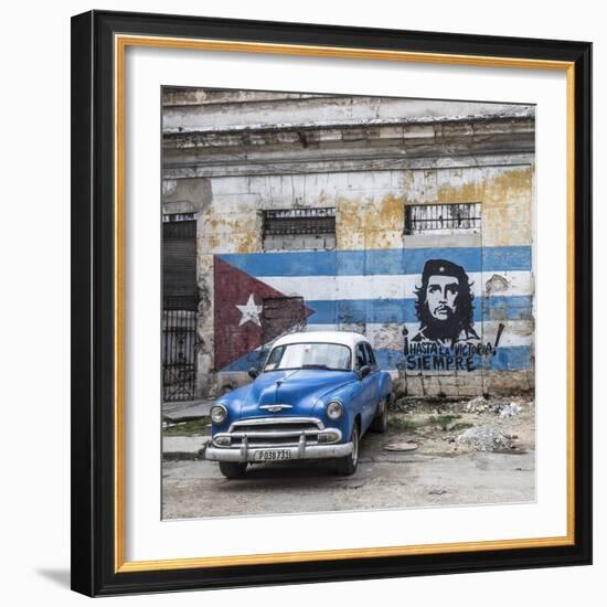 Classic American Car and Cuban Flag, Habana Vieja, Havana, Cuba-Jon Arnold-Framed Photographic Print