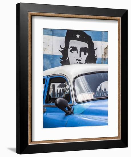 Classic American Car and Cuban Flag, Habana Vieja, Havana, Cuba-Jon Arnold-Framed Photographic Print