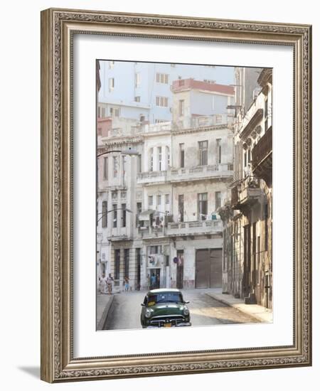 Classic American Car Taxi Driving Down Quiet Street in Havana Centro, Havana, Cuba-Lee Frost-Framed Photographic Print