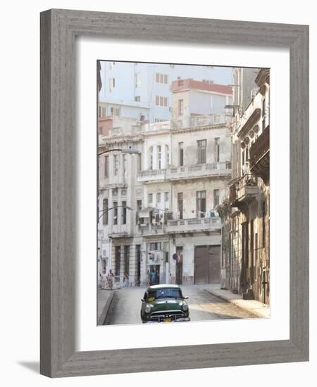 Classic American Car Taxi Driving Down Quiet Street in Havana Centro, Havana, Cuba-Lee Frost-Framed Photographic Print