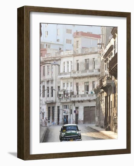 Classic American Car Taxi Driving Down Quiet Street in Havana Centro, Havana, Cuba-Lee Frost-Framed Photographic Print