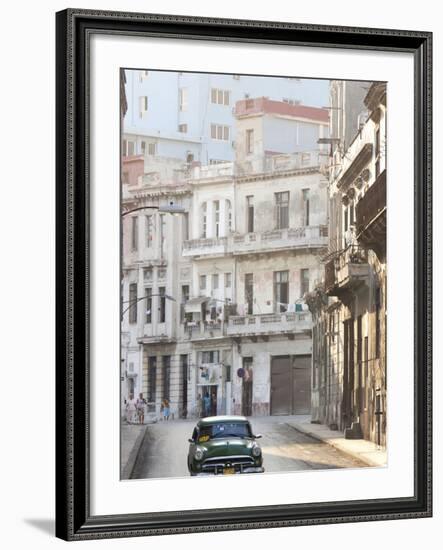 Classic American Car Taxi Driving Down Quiet Street in Havana Centro, Havana, Cuba-Lee Frost-Framed Photographic Print