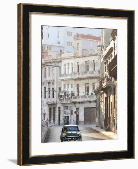 Classic American Car Taxi Driving Down Quiet Street in Havana Centro, Havana, Cuba-Lee Frost-Framed Photographic Print