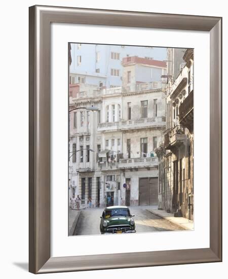 Classic American Car Taxi Driving Down Quiet Street in Havana Centro, Havana, Cuba-Lee Frost-Framed Photographic Print