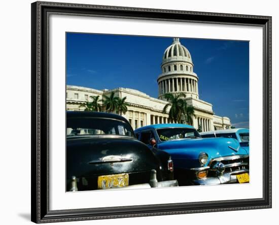 Classic American Taxi Cars Parked in Front of National Capital Building, Havana, Cuba-Martin Lladó-Framed Photographic Print