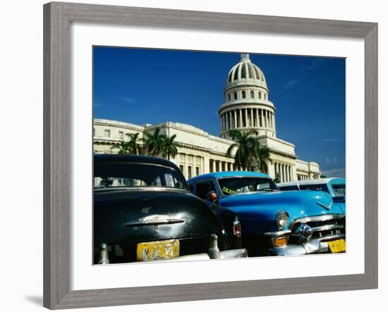 Classic American Taxi Cars Parked in Front of National Capital Building, Havana, Cuba-Martin Lladó-Framed Photographic Print