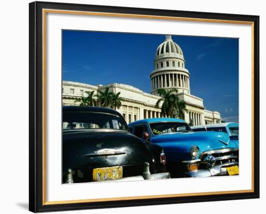 Classic American Taxi Cars Parked in Front of National Capital Building, Havana, Cuba-Martin Lladó-Framed Photographic Print