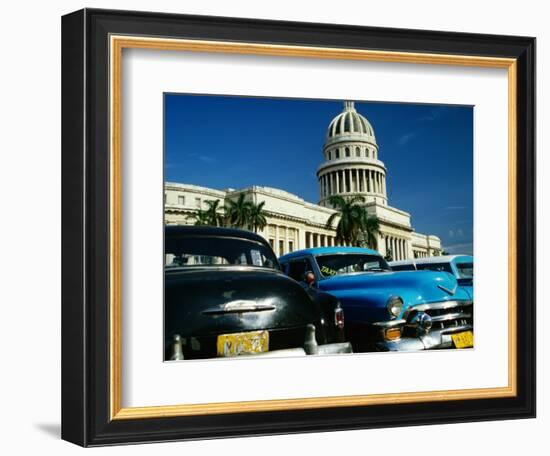 Classic American Taxi Cars Parked in Front of National Capital Building, Havana, Cuba-Martin Lladó-Framed Photographic Print