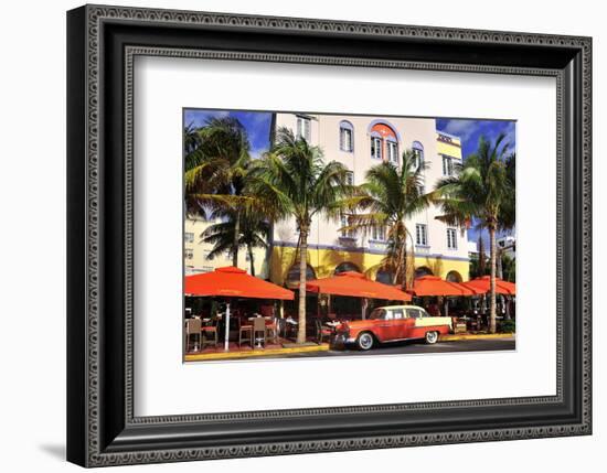 Classic Car in front of the Paparazzi Restaurant, Ocean Drive-null-Framed Art Print