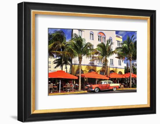 Classic Car in front of the Paparazzi Restaurant, Ocean Drive-null-Framed Art Print