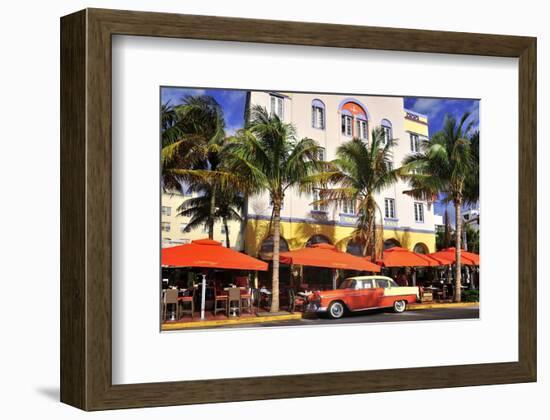 Classic Car in front of the Paparazzi Restaurant, Ocean Drive-null-Framed Art Print