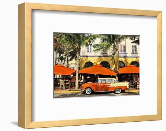 Classic Car in front of the Paparazzi Restaurant, Ocean Drive-null-Framed Art Print
