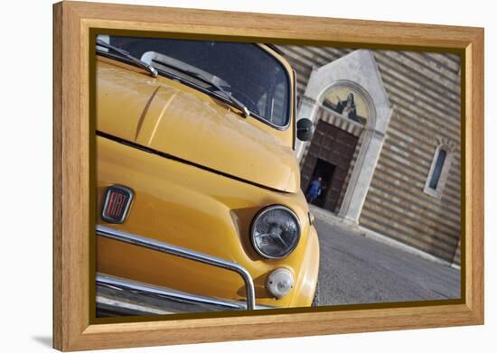 Classic Fiat 500 Car Parked Outside Church, Montepulciano, Tuscany, Italy-Julian Castle-Framed Premier Image Canvas