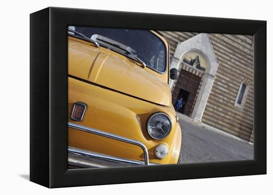 Classic Fiat 500 Car Parked Outside Church, Montepulciano, Tuscany, Italy-Julian Castle-Framed Premier Image Canvas