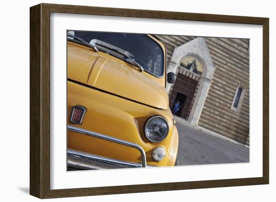 Classic Fiat 500 Car Parked Outside Church, Montepulciano, Tuscany, Italy-Julian Castle-Framed Photographic Print